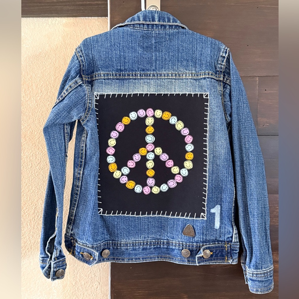 Upcycled Akdmks Peace Sign Faded Denim Jacket Size 7